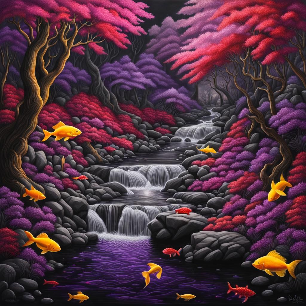 Surreal Charcoal River Scene with Mermaids and Crystal Trees