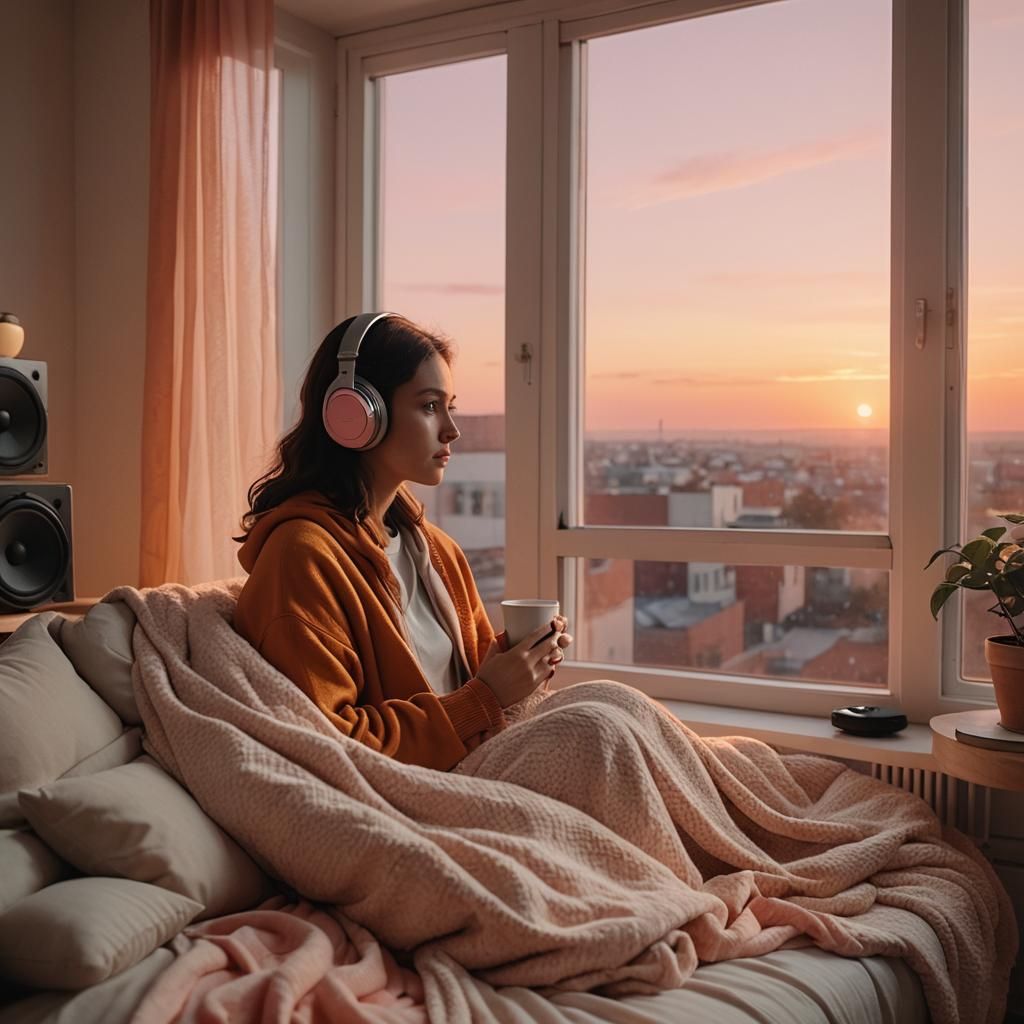 Person Listening at Sunset in Cozy Room