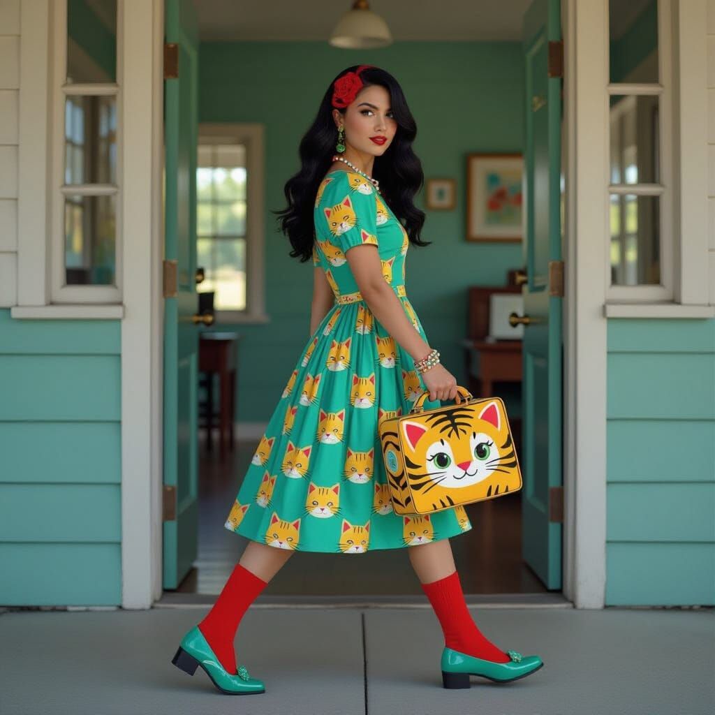 Woman with Tiger Bag Behind School, Photorealistic Style