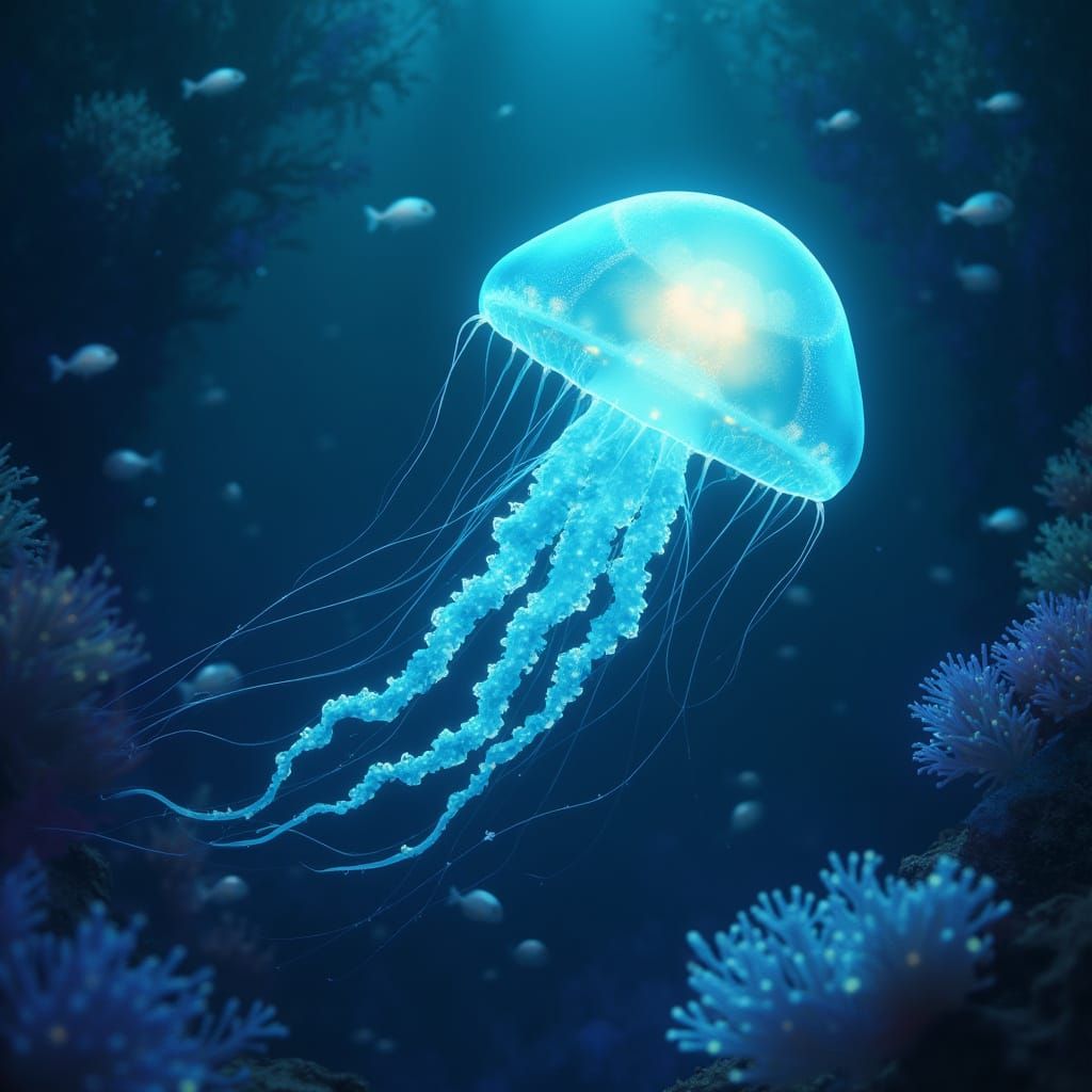 Bioluminescent Jellyfish in Glowing Coral Reef