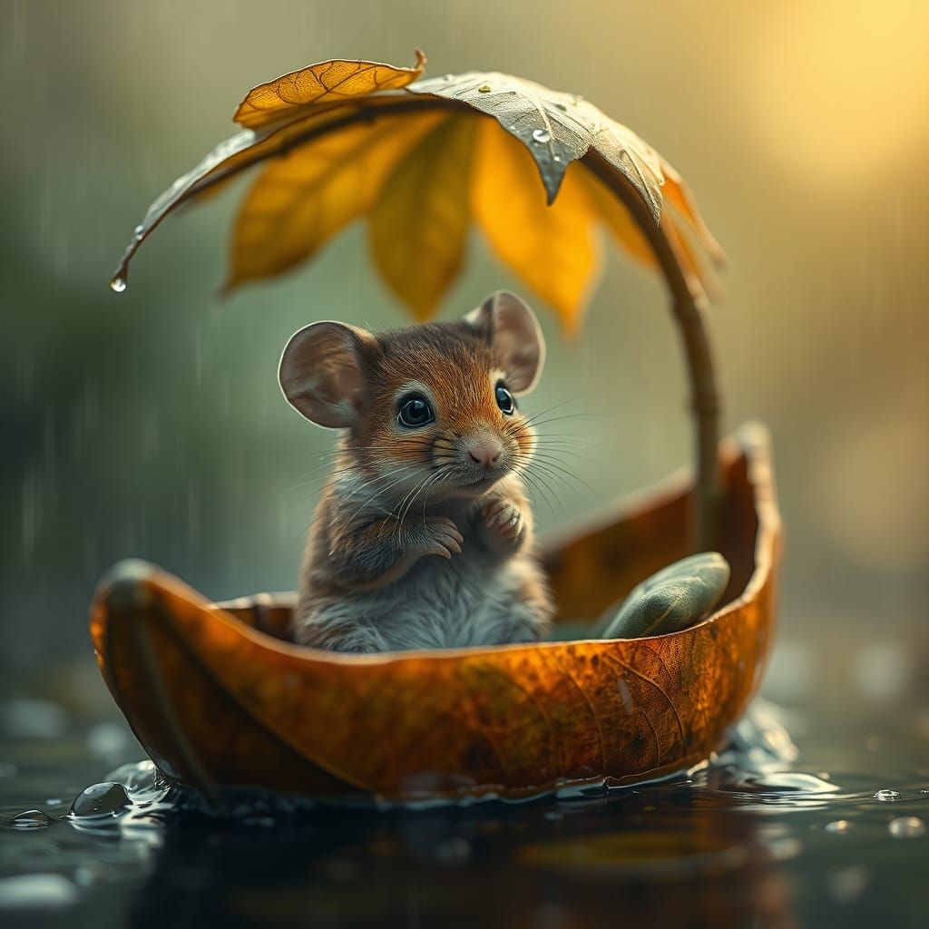 Cute Mouse in Leaf Boat on Rainy Day