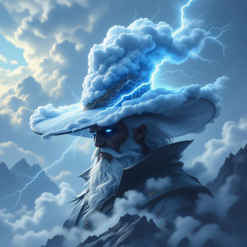 Mythical Figure Wears Lightning Cloud Hat On Mountaintop