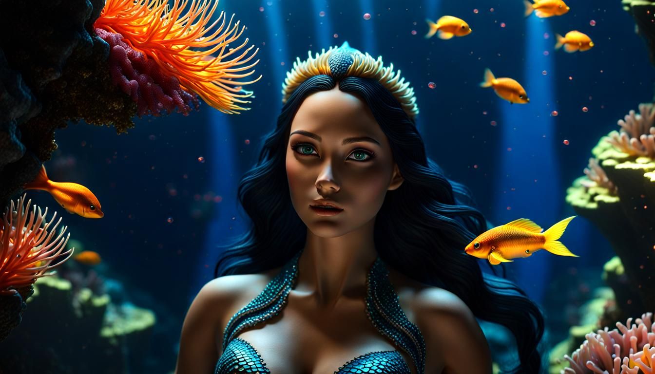 Beautiful Mermaid in Coral Reef Cave: Dark Fantasy Art