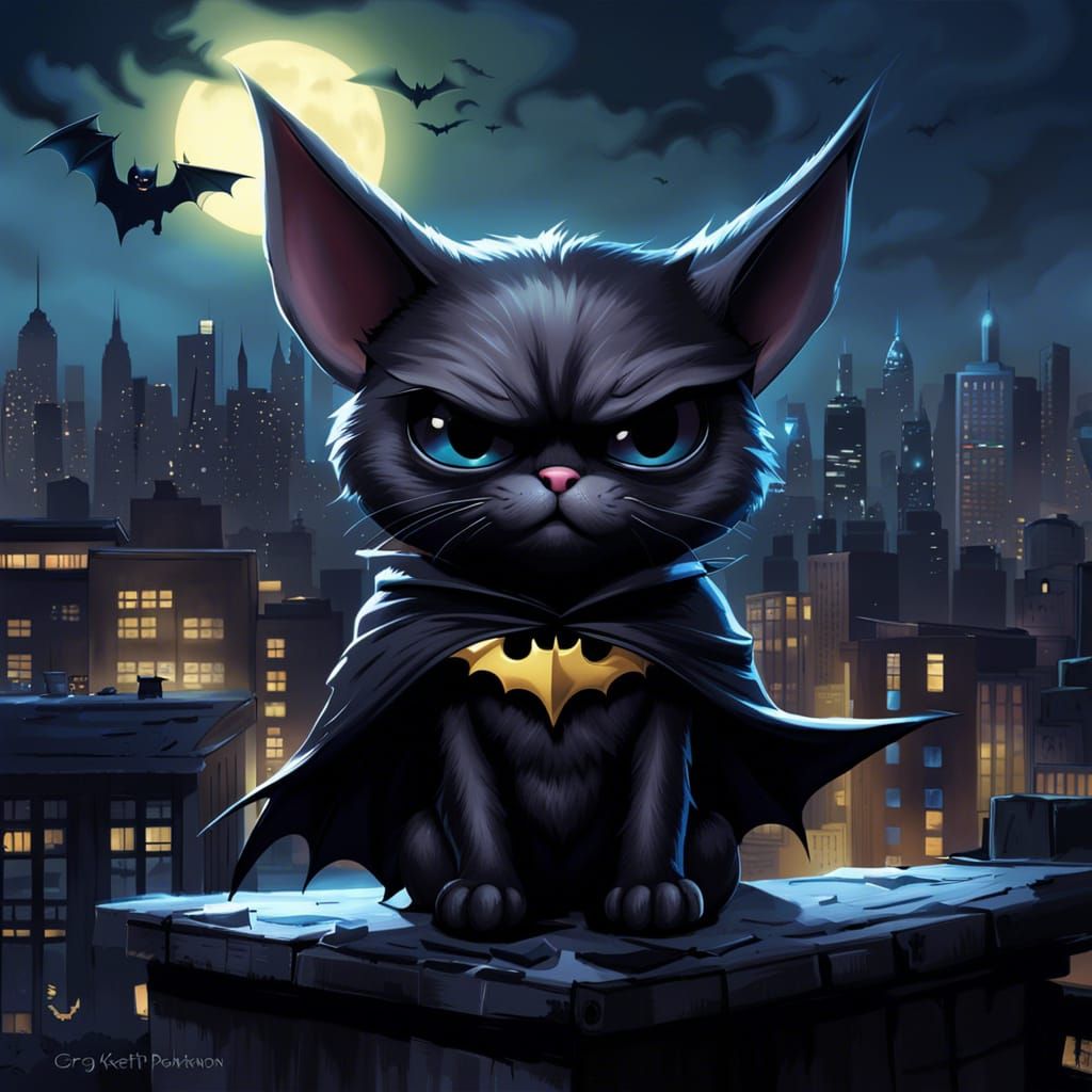 Grumpy Bat-Cat on Rooftop: Digital Graffiti Art