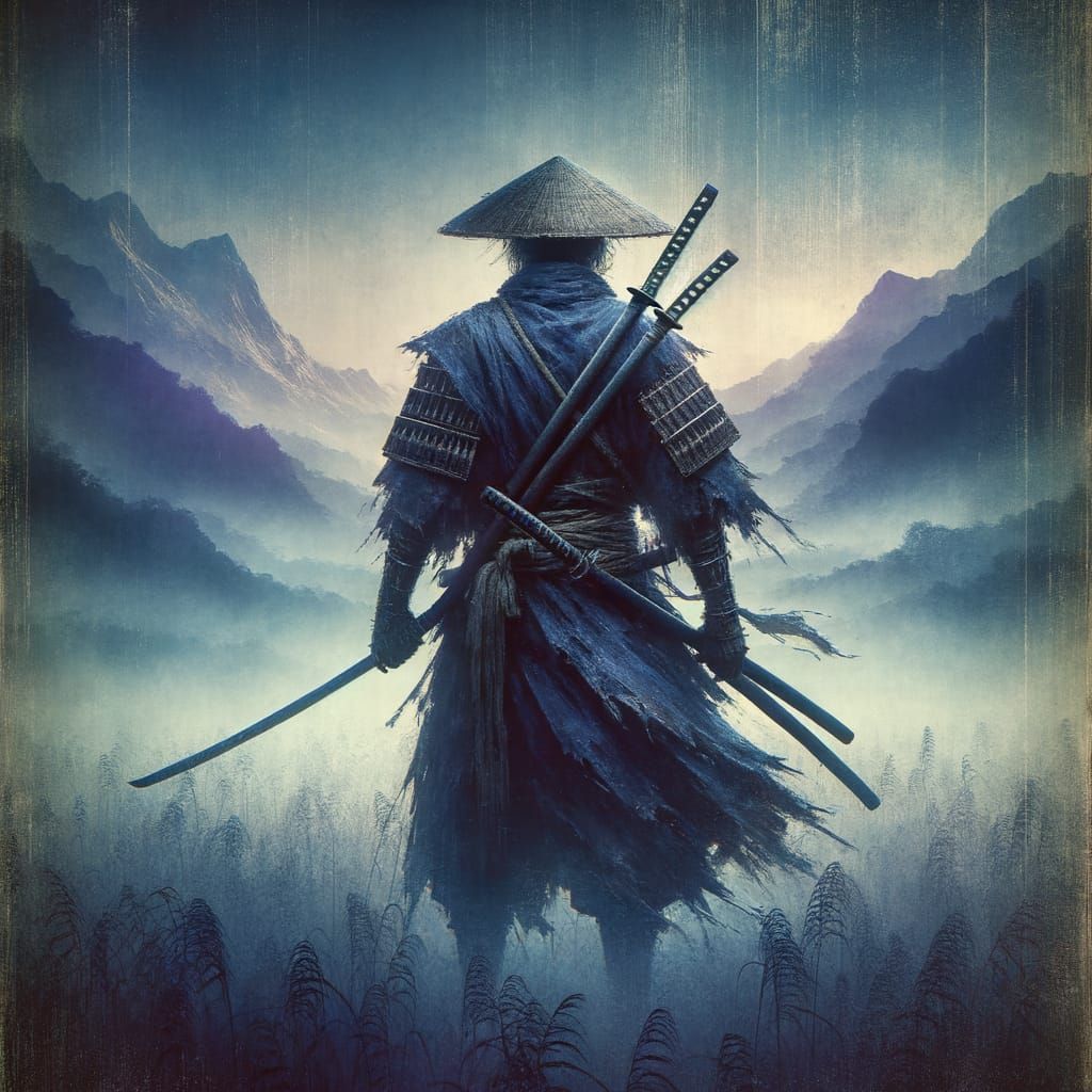 Mysterious Samurai in a Misty, Blue-Purple Landscape