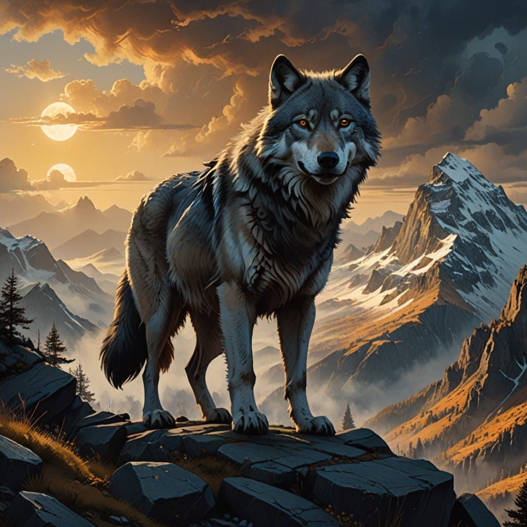 Majestic Gray Wolf on Rugged Mountain Peak