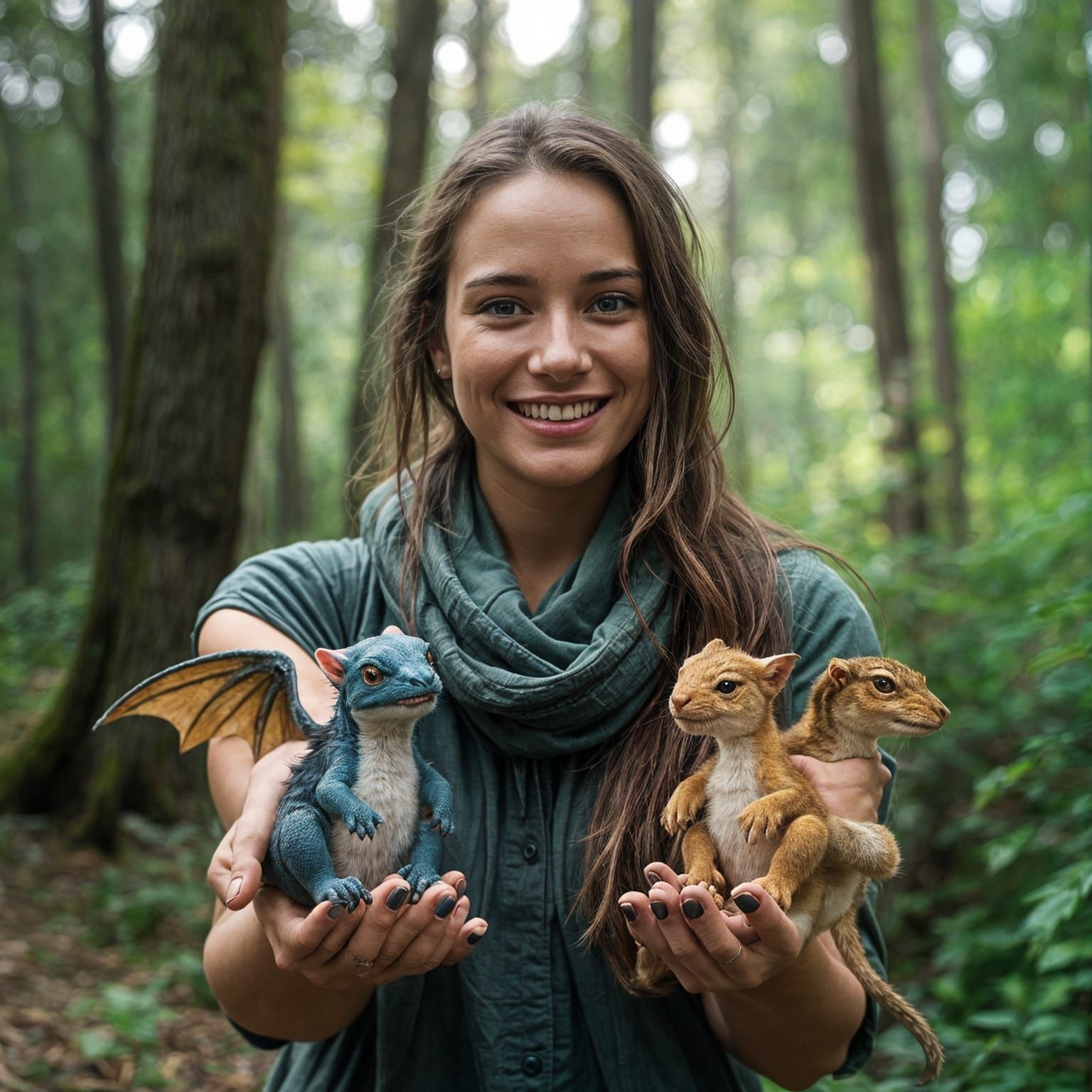Woman Holding Baby Dragons in Forest