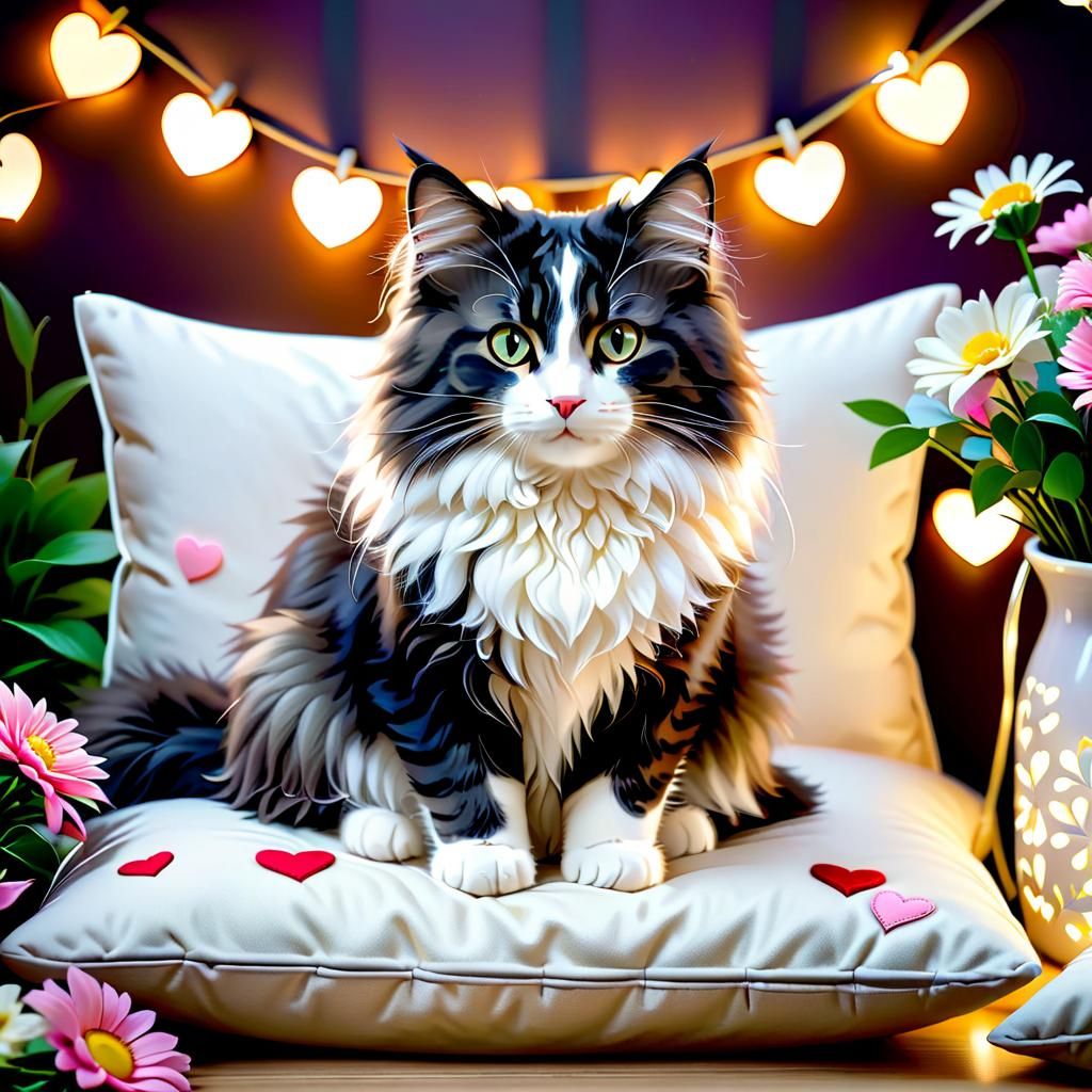 Norwegian Forest Cat Surrounded by Flowers