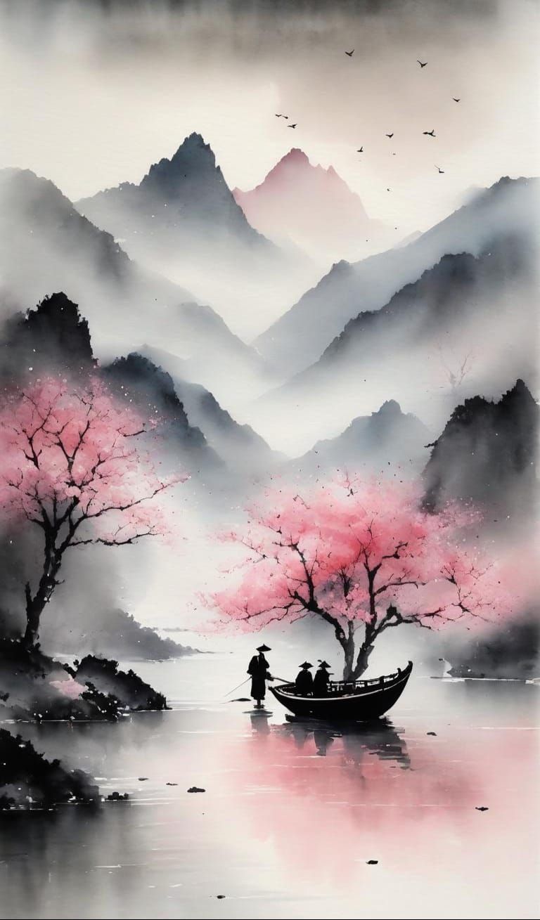 Ethereal Sakura Scene in Chinese Ink Style