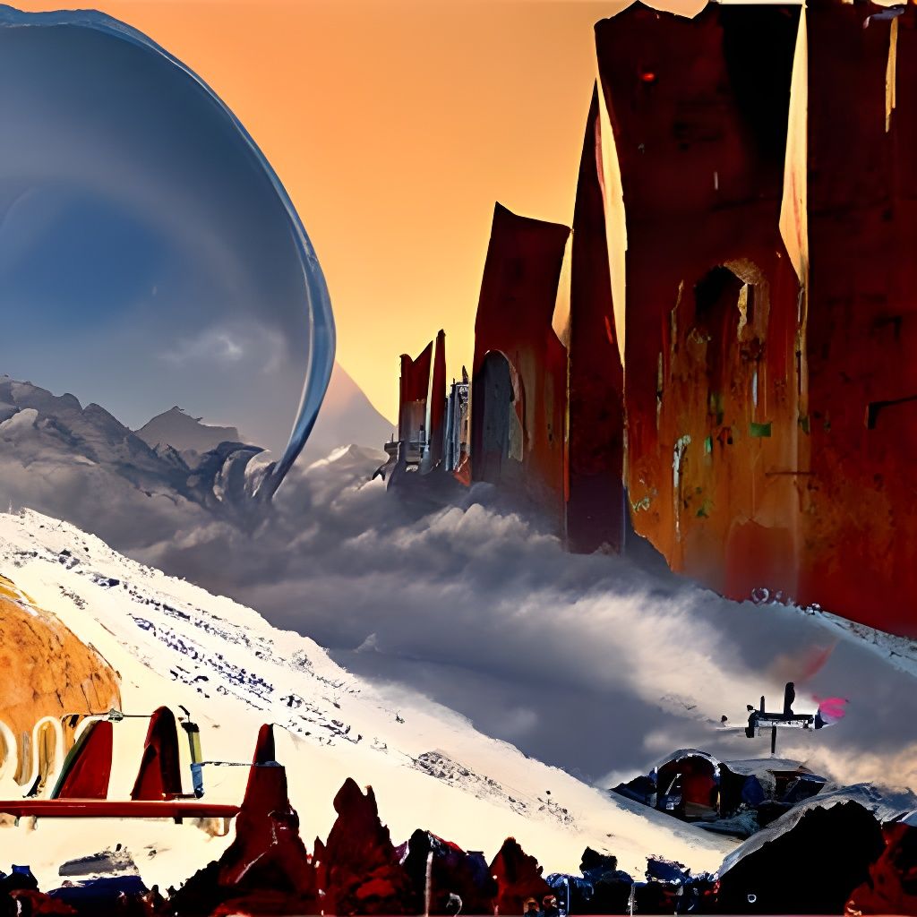 Sci-Fi Fortress on Snowy Peaks with Ringed Planet