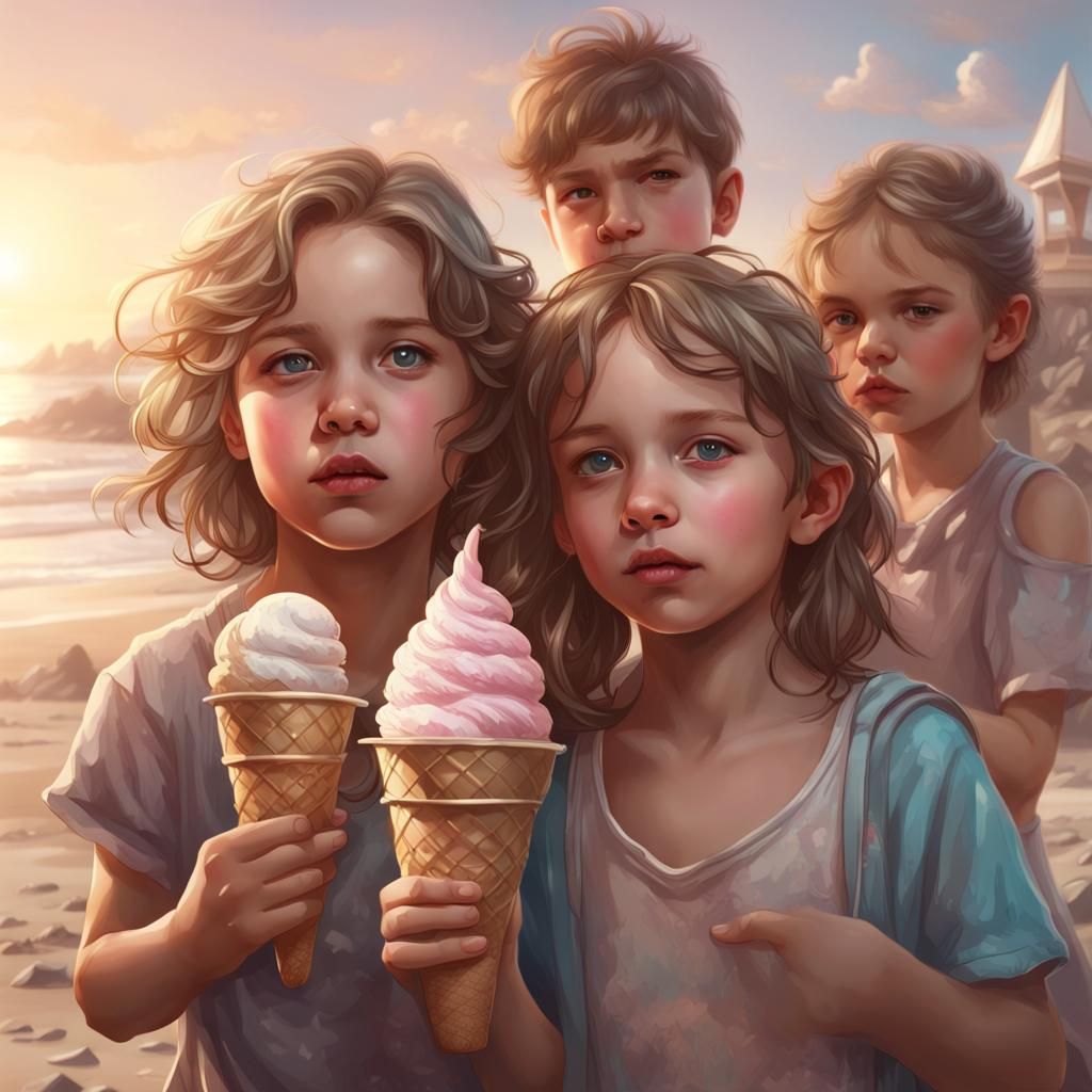 Kids on Beach with Ice Cream, Hyperdetailed Portrait