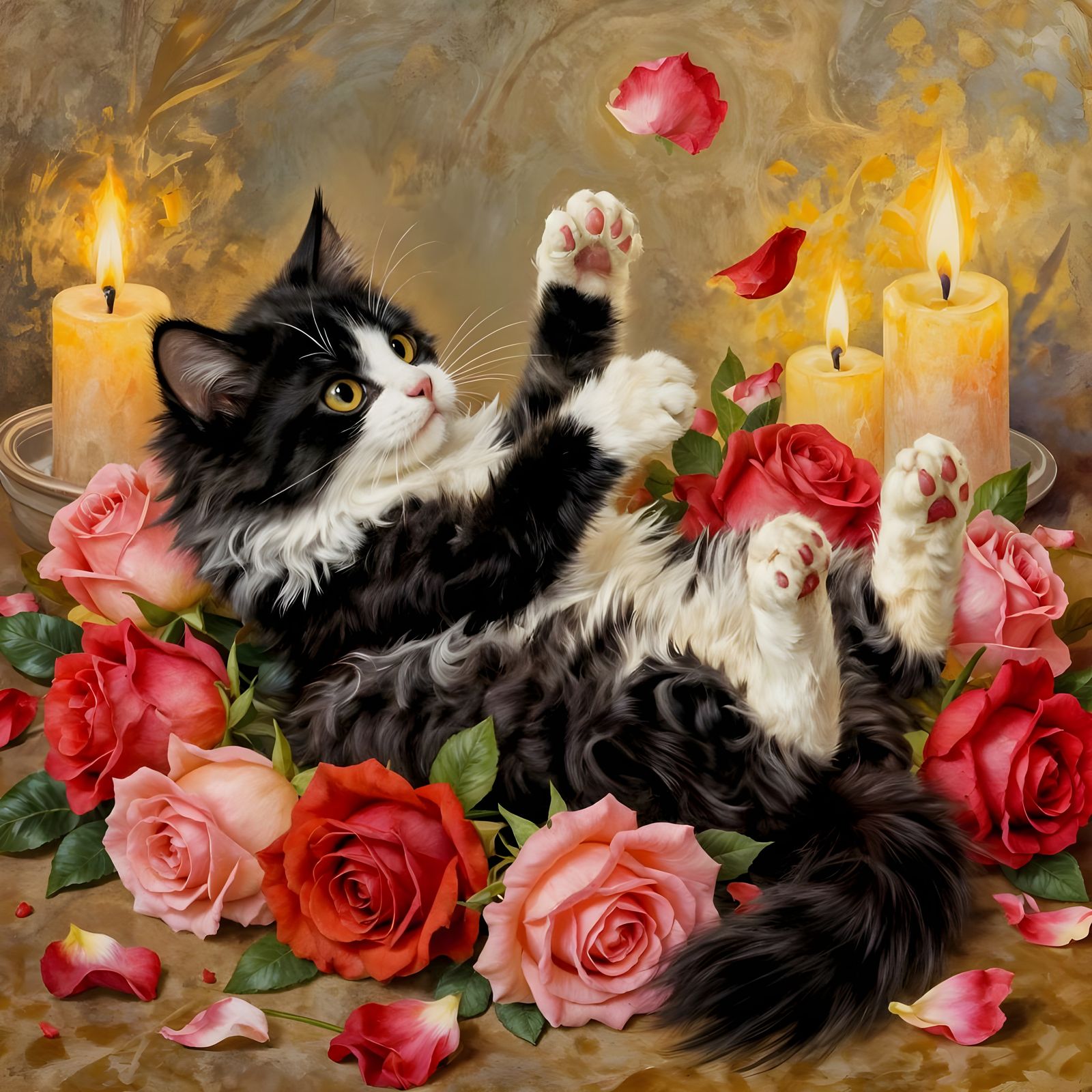 Kitten Playing with Roses in Vintage Illustration Style