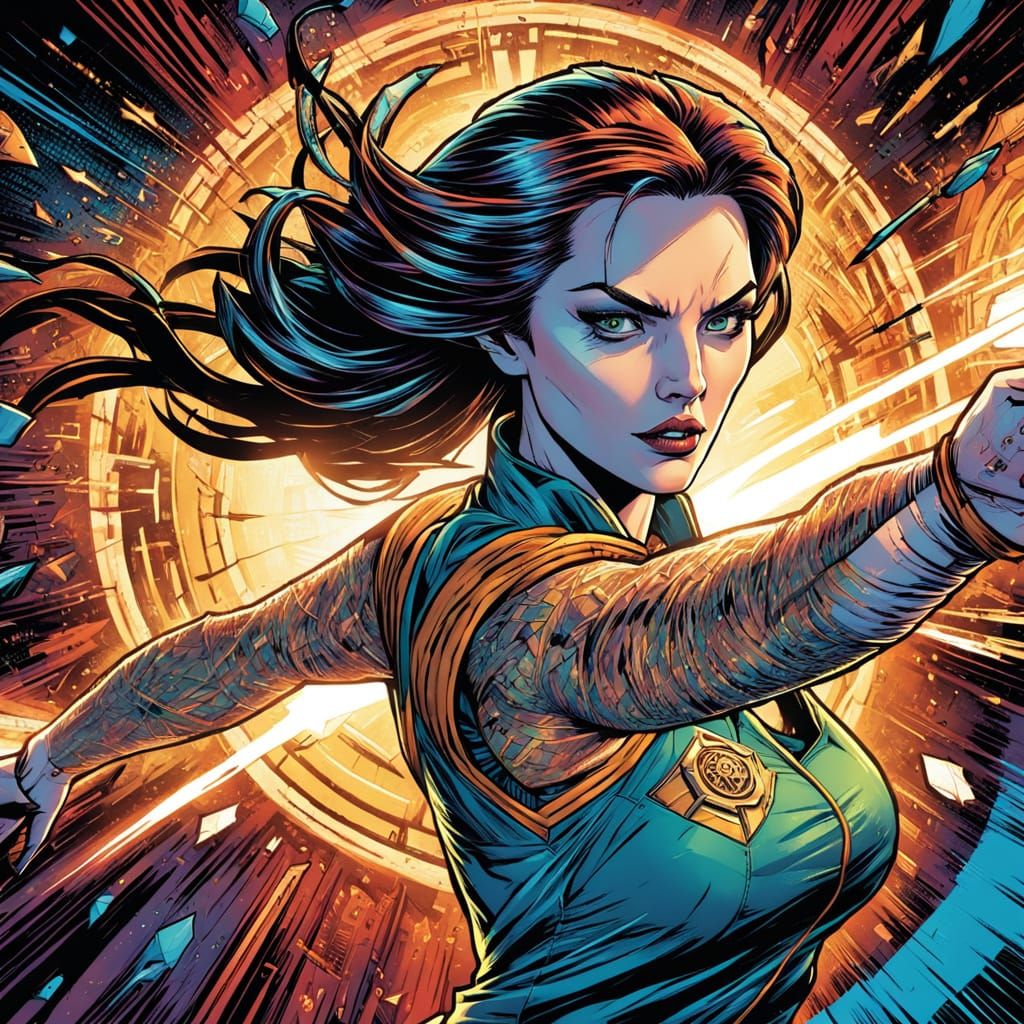 Vibrant Comic Book Portrait of Polly Darton in Action