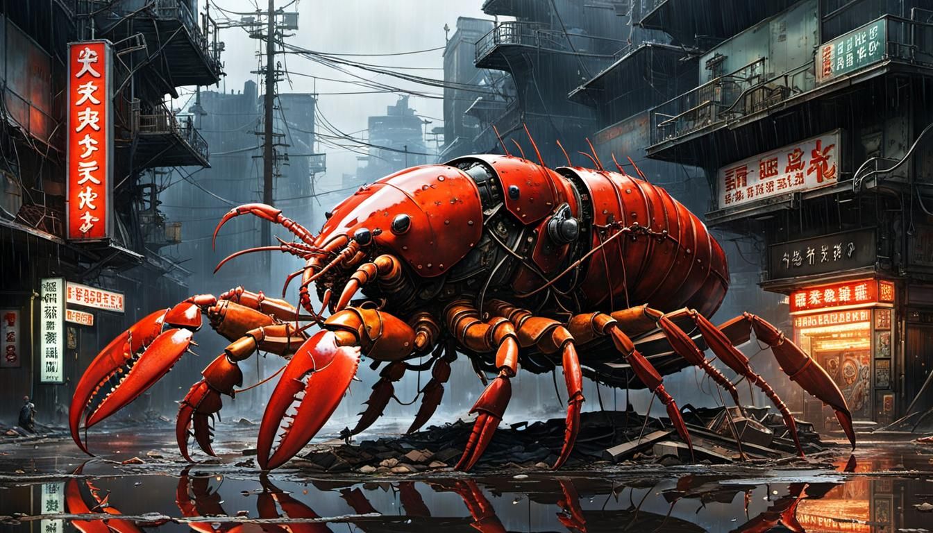 Colossal Mechanical Lobster Havoc in Post-Apocalyptic City