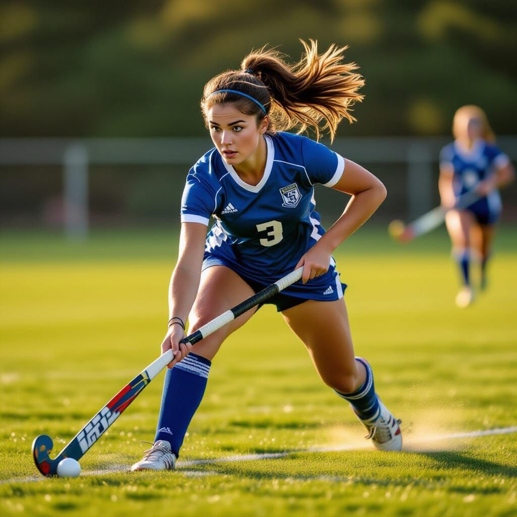 Field Hockey Player Steals Ball in Golden Hour Light