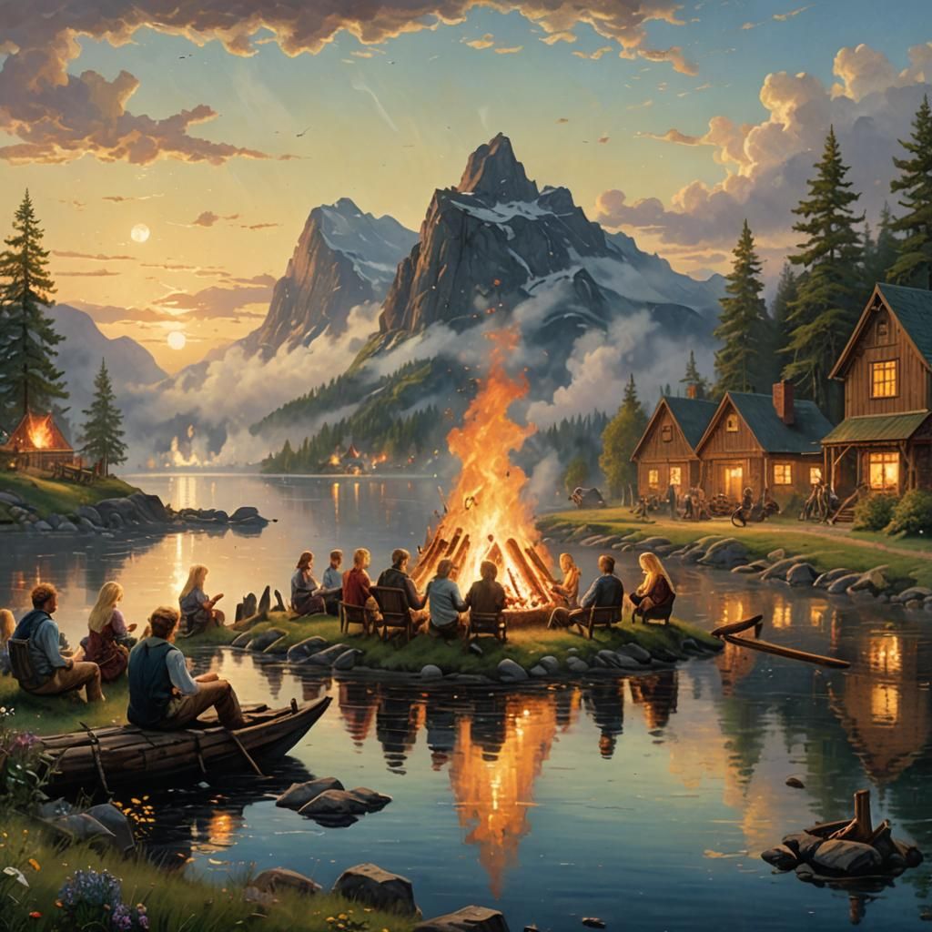 Blonde Nordic people enjoying Midsummer with bonfire, beer, and midnight sun by the lake, oil painting by James Gurney e...