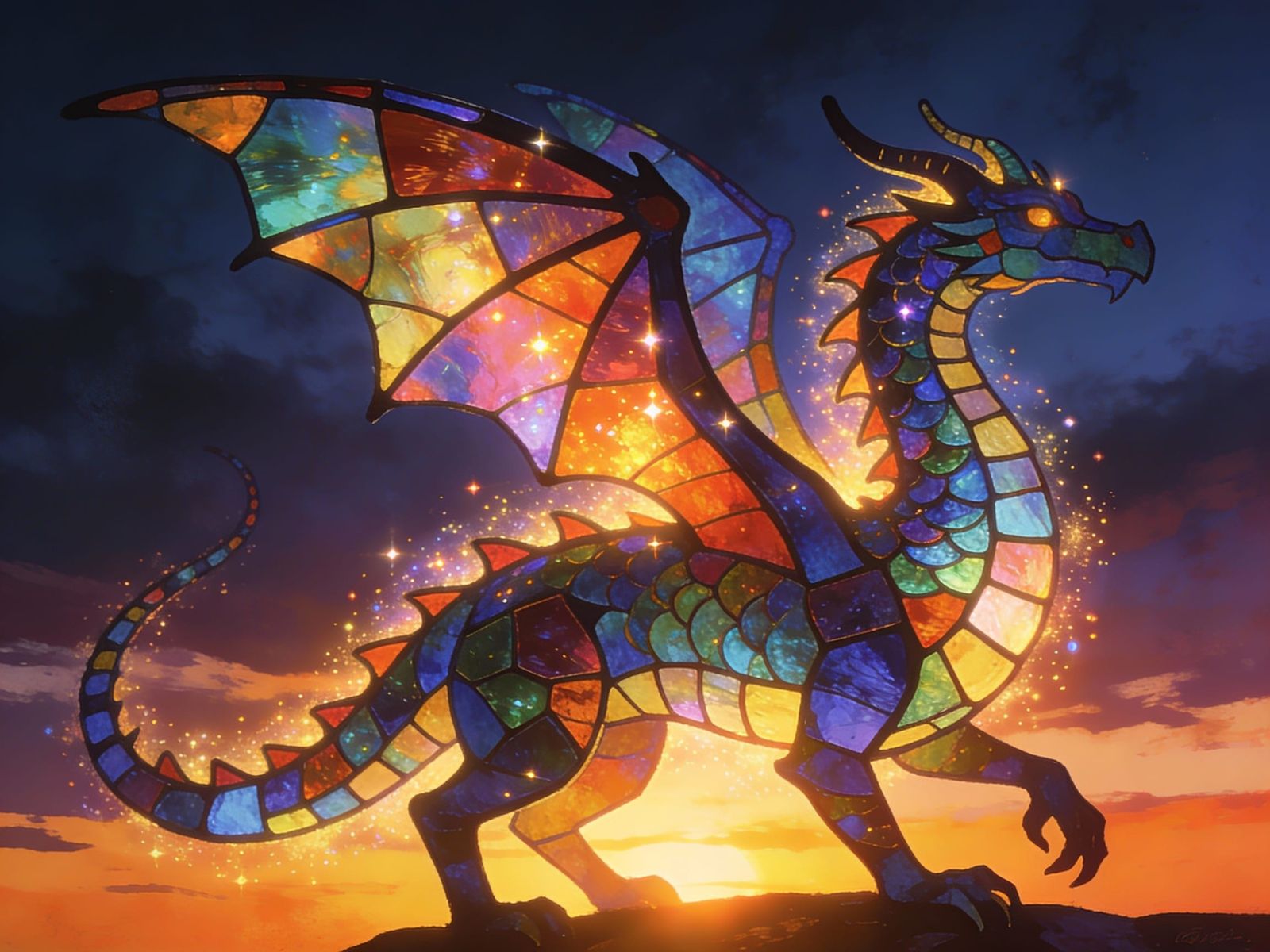 Luminous Dragon in Twilight Sky, Stained Glass Fantasy Art