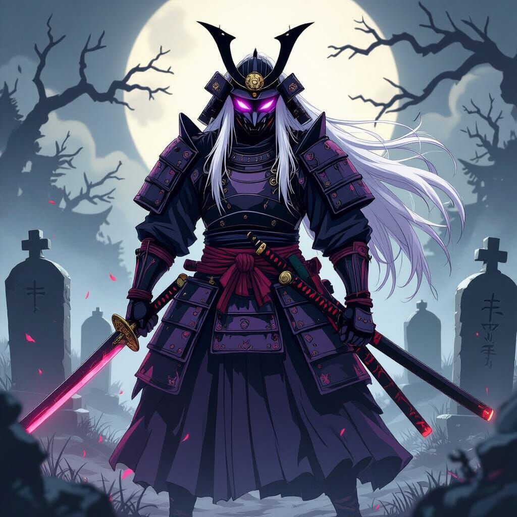 Samurai Warrior with Oni Mask and Dual Katanas in Anime Styl...