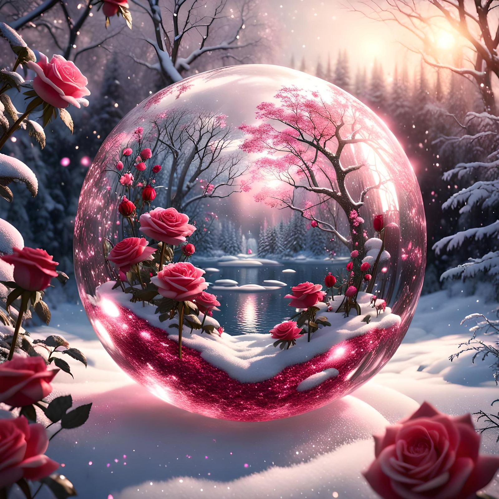 Crystal Sphere: Pink Rose Garden in Winter