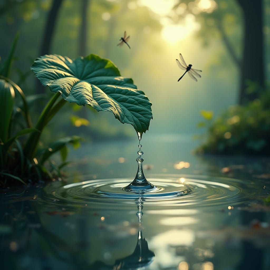Water Droplet's Perfect Reflection in Serene Pond Landscape