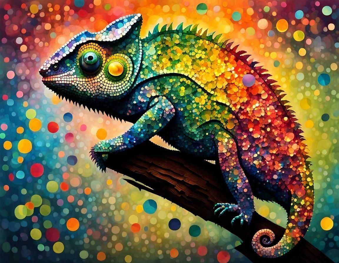 Confetti Chameleon in Pointillism Mosaic Style