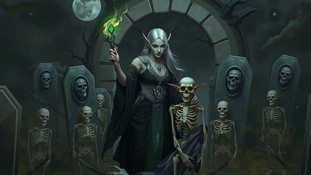 Elven Necromancer Raises Skeleton in Graveyard