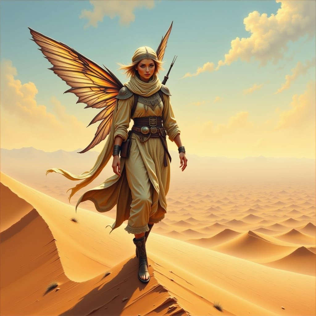 Fairy Bedouin Trekking Up a High Sand Dune