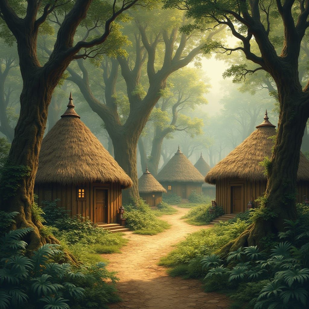 Village of Wood Huts Amidst Ancient Trees and Ferns