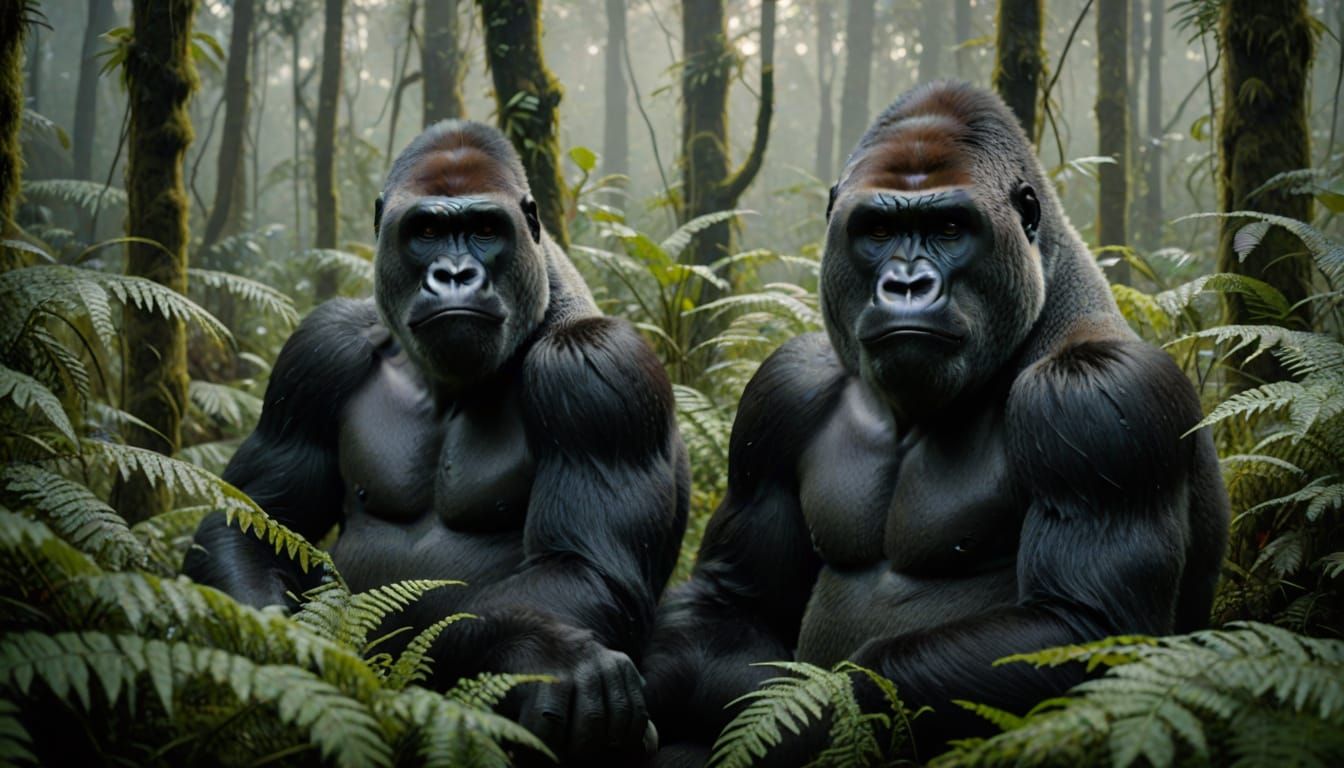 Silverback Gorilla Family in Misty Forest: Oil Painting