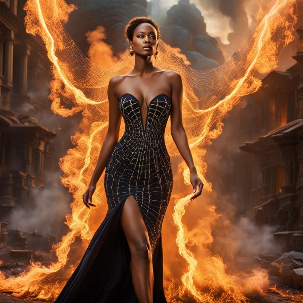 Woman in Spider Web Gown Amidst Fire