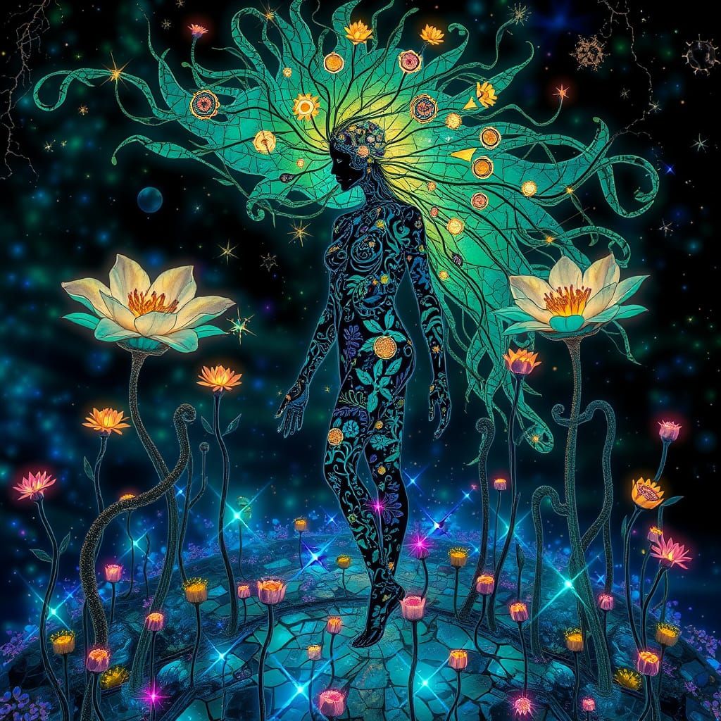 Bioluminescent Garden with Mirrored Roots and Glowing Woman
