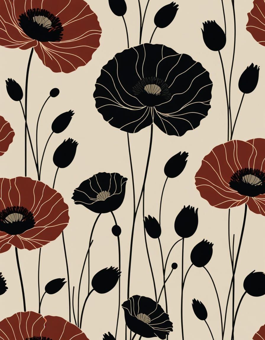 Minimalist Poppy Flower Silhouettes in Mid-Century Style