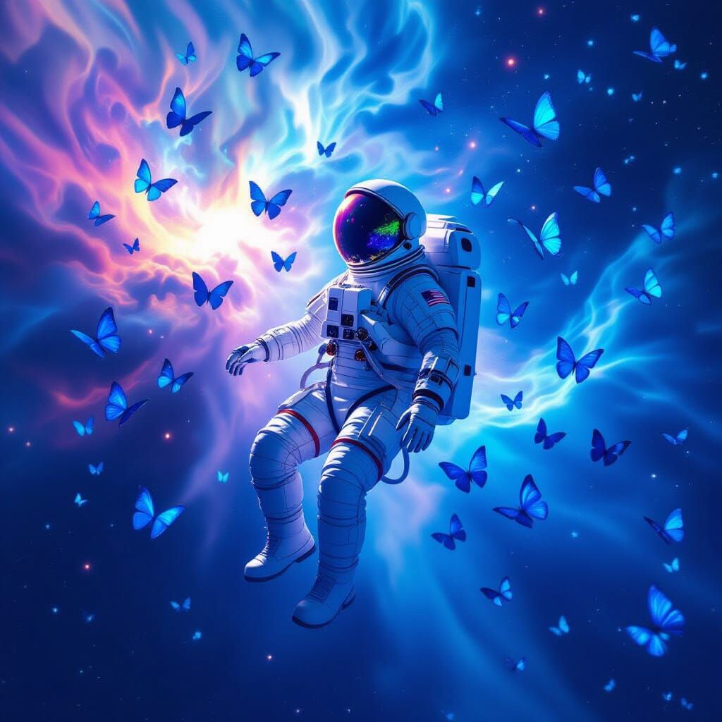 Astronaut Floating Among Blue Butterflies in Nebula