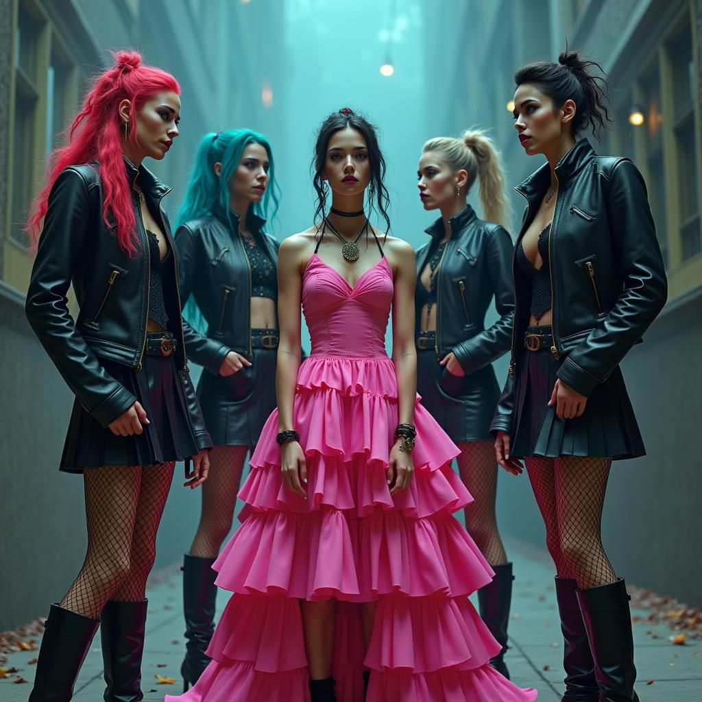 Leather-Clad Women Confront Man in Pink Dress