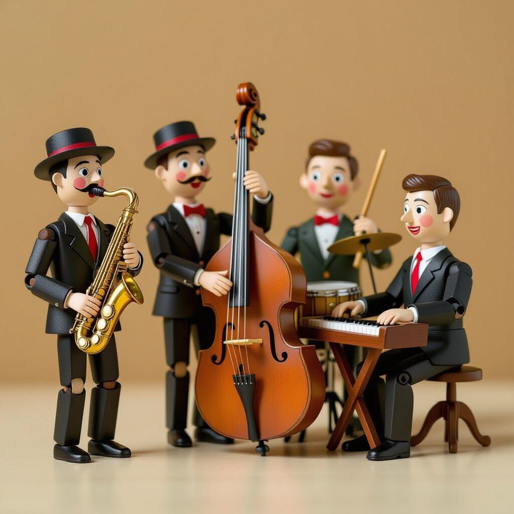 Flat Wood Marionettes Of A Whimsical Jazz Band
