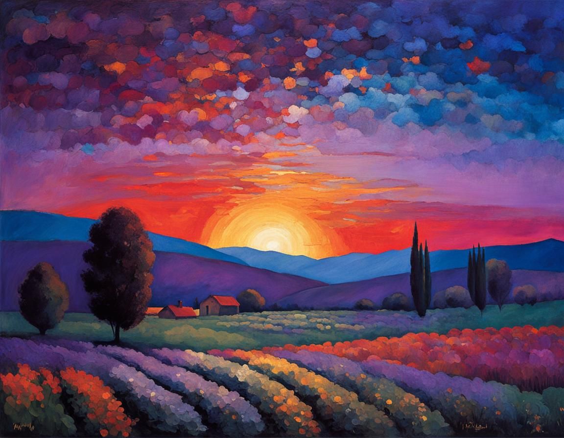 Iridescent Twilight Sky in Neo-Impressionist Style