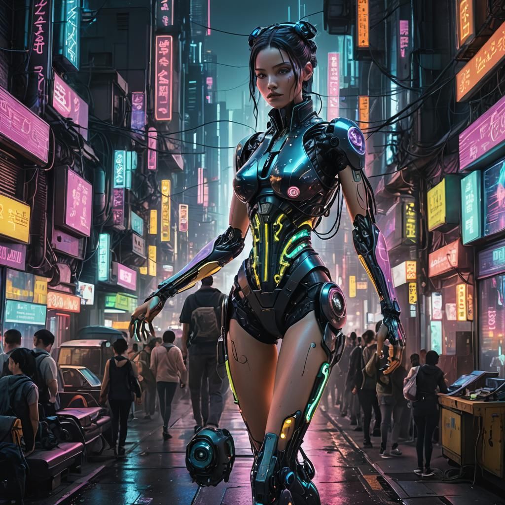 Enhanced Human in Neon Cyberpunk Cityscape