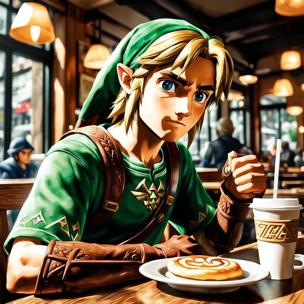 Link at Coffee Shop: Hyperrealistic Digital Art