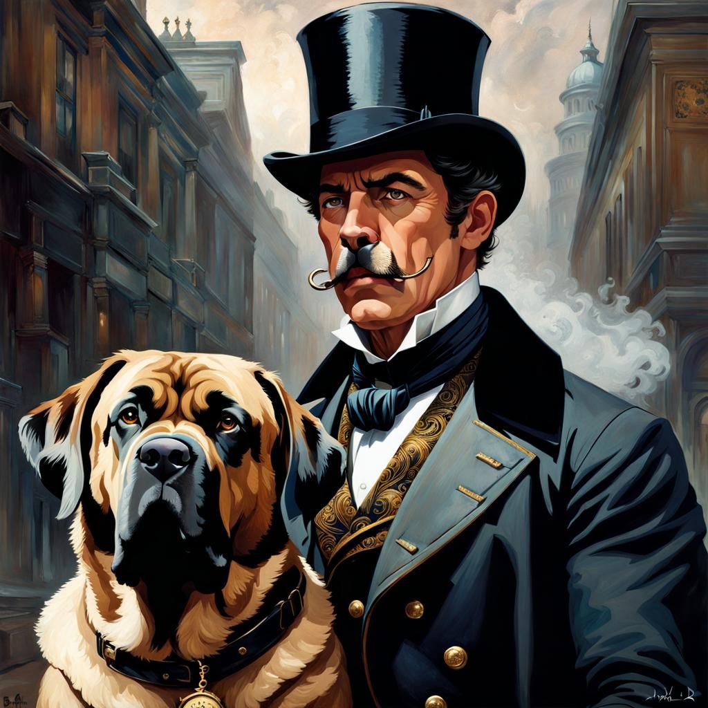 Victorian Gentleman with Mastiff Portrait in 19th Century St...