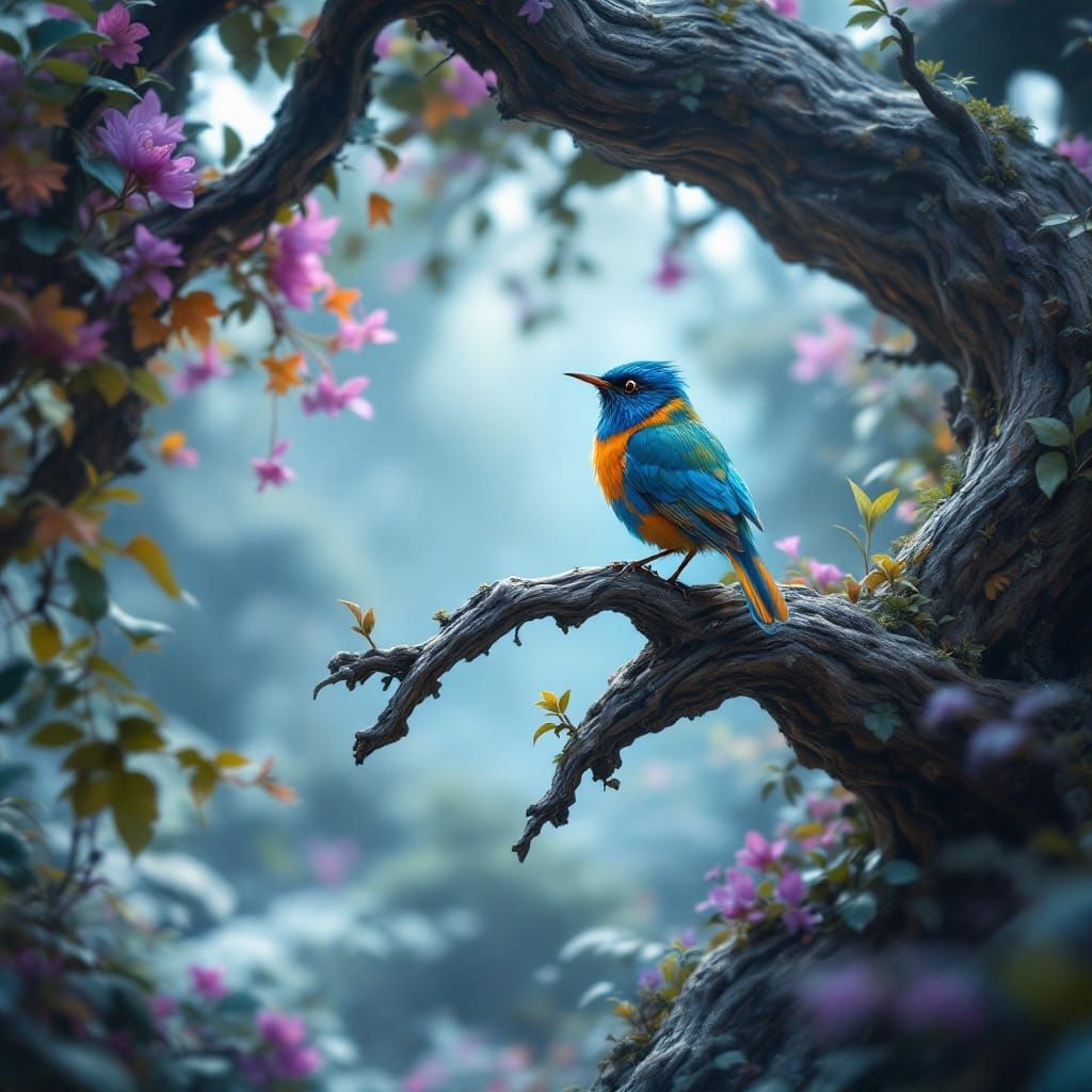 Enchanted Wren on Branch in Mystical Landscape