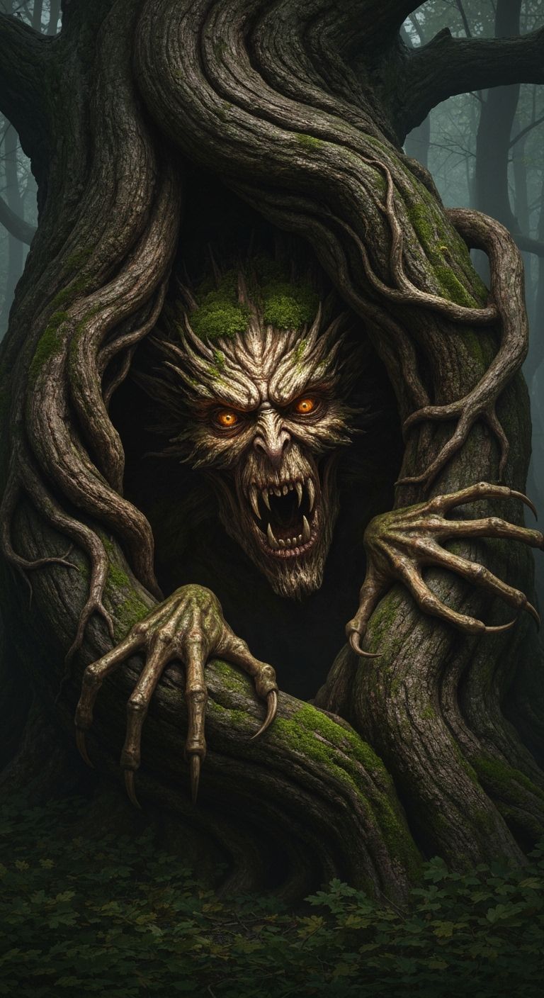 Slavic Forest Monster Emerges from Twisted Oak Tree