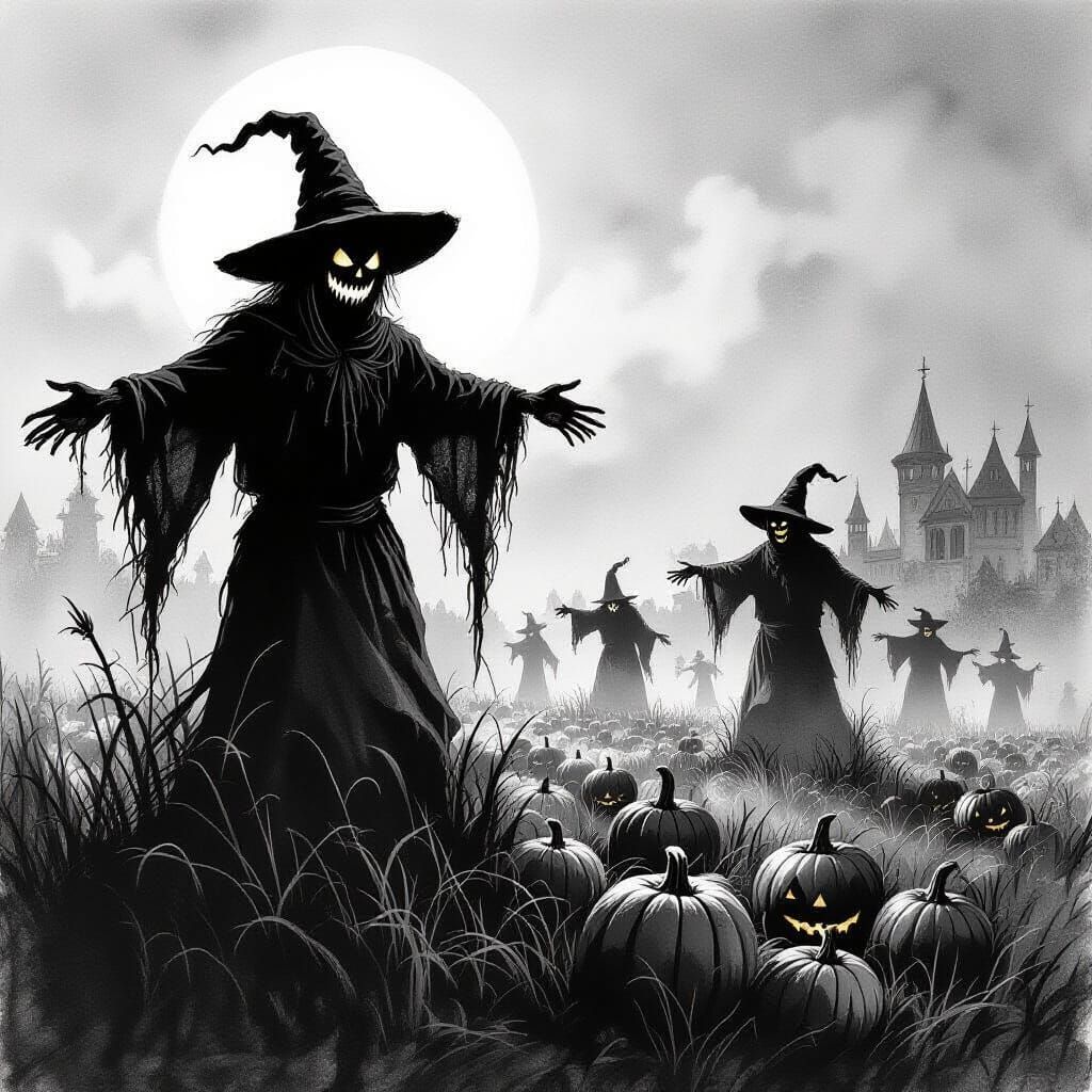 Ghostly Scarecrows at a Nightmare Harvest Festival