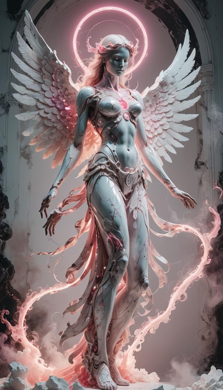 Marble Angel with Neon Halo in Surrealist Style