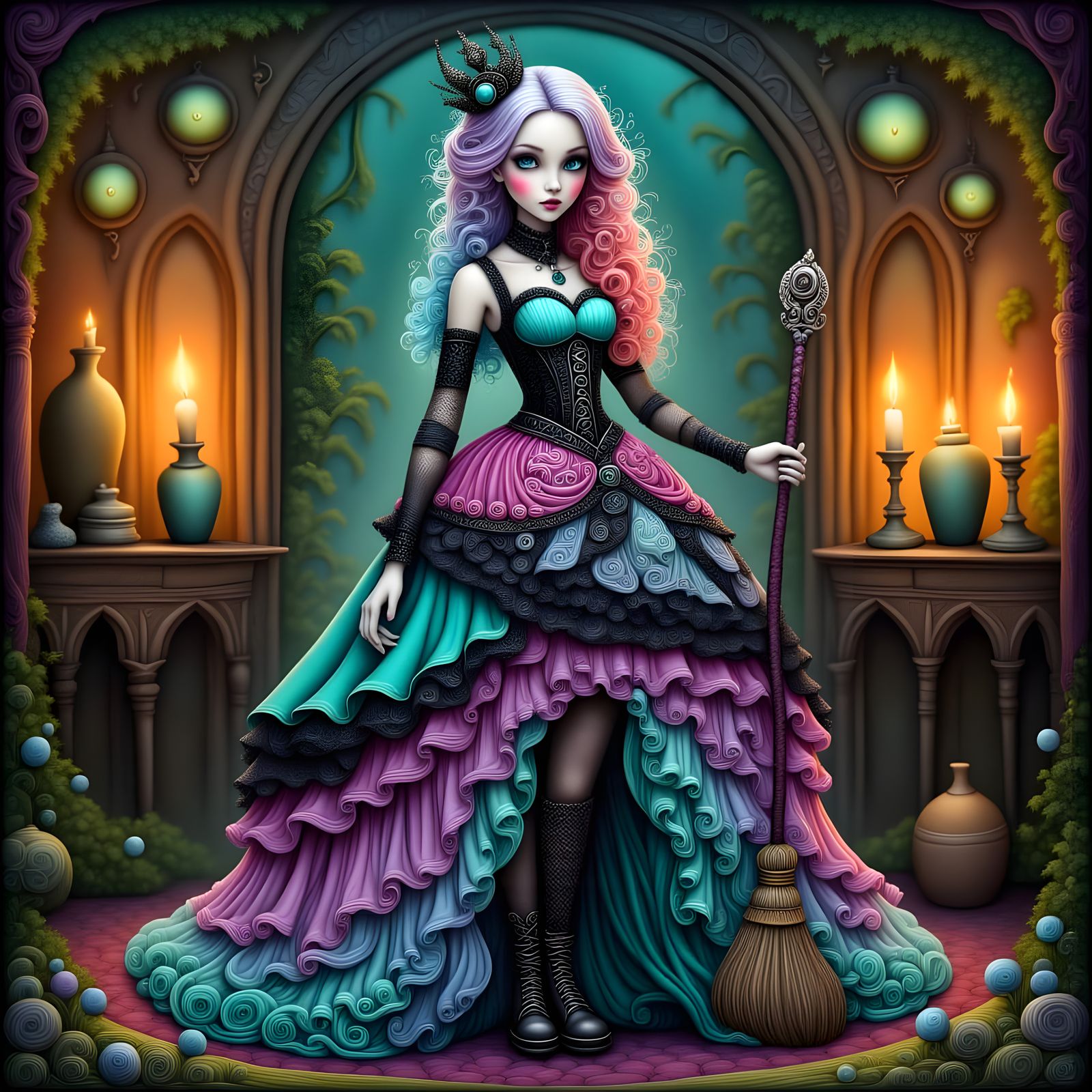 Surreal Whimsy: A Cyberpunk Witch in Elegant Disguise