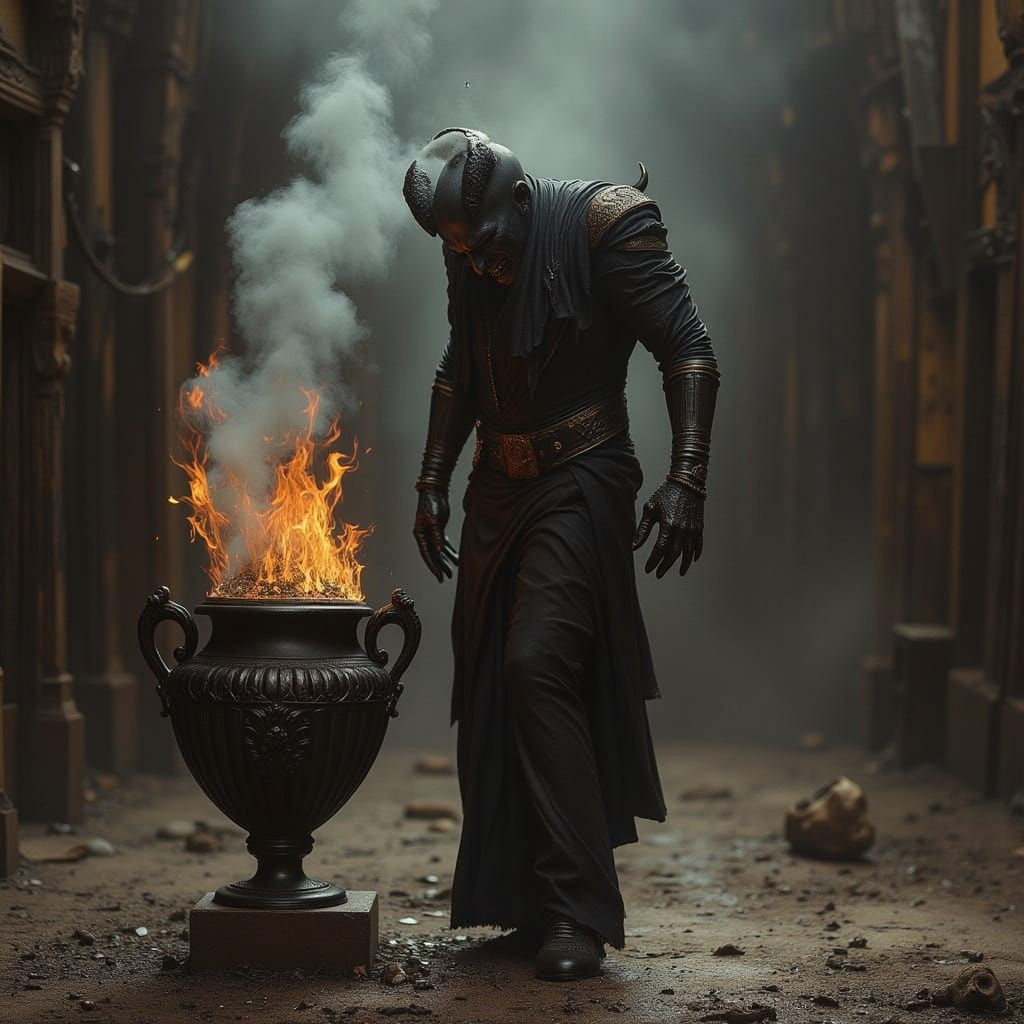 Angry Black Genie Emerges from Urn