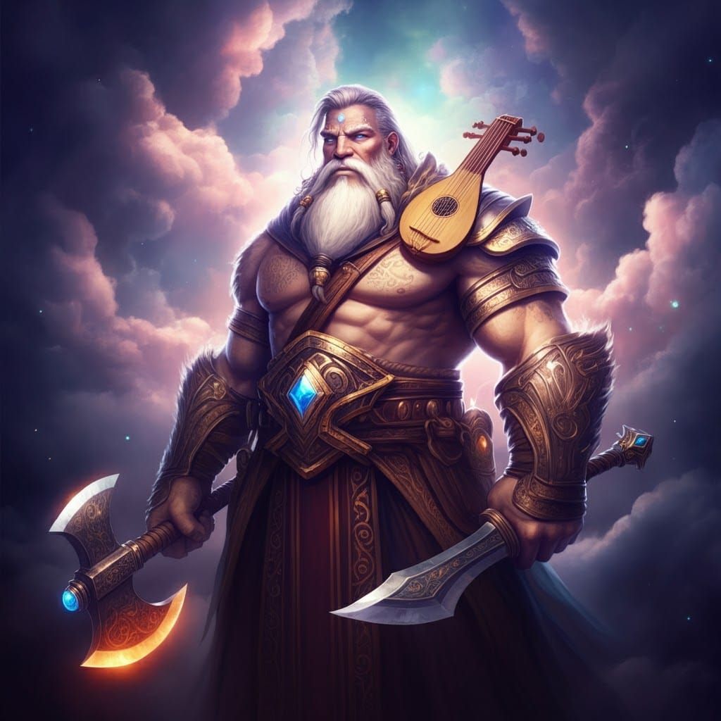 Cloud Giant Bard as Zeus with Lute and Weapons