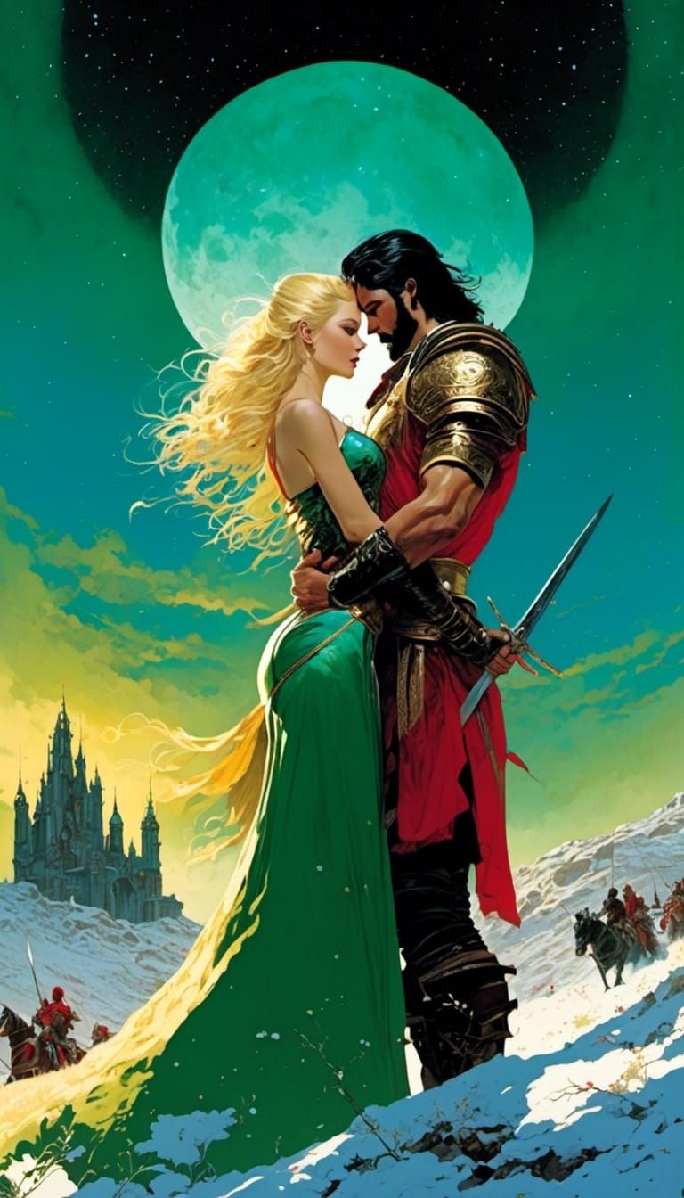 Gothic Romance Cover: Woman in Red Embraces Warrior