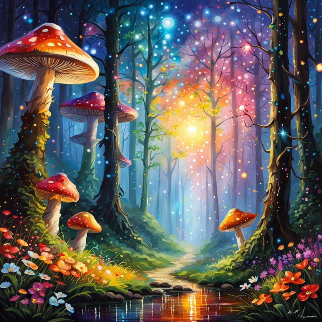 Sparkling Magical Mushroom Forest with Glittering Particles