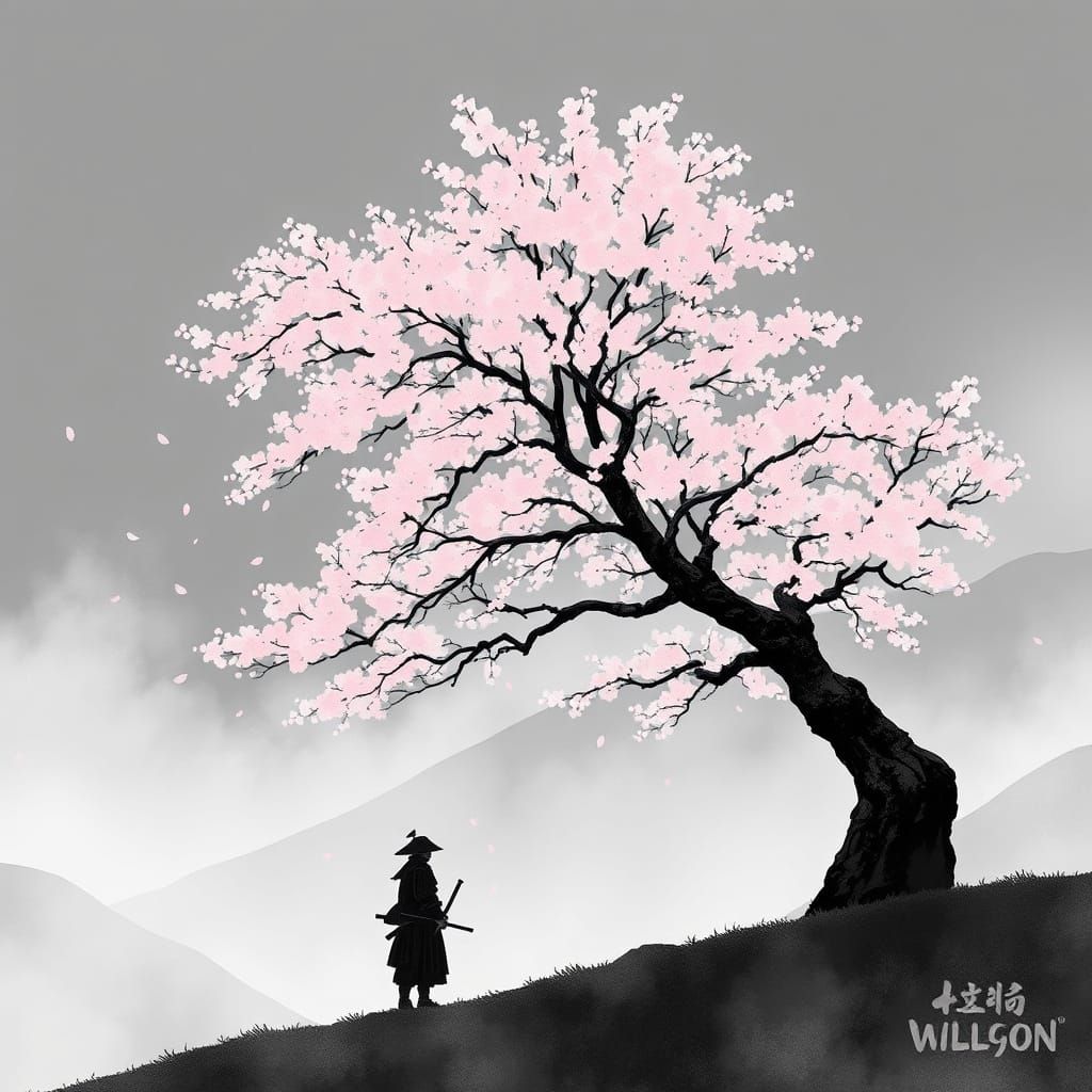 Surreal Samurai in Foggy Mountain Bloom