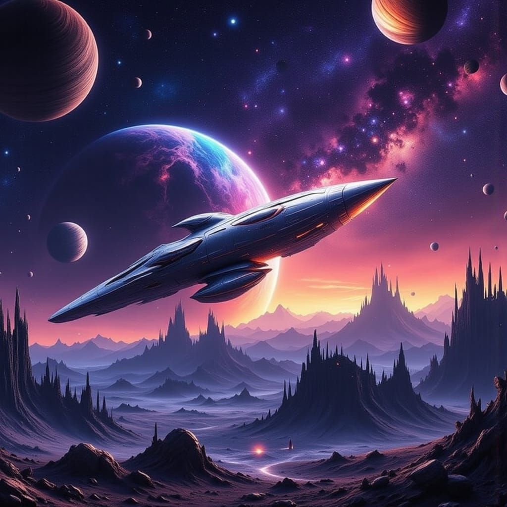 Rocket Ship Circling Saturn in Space Dreamscape